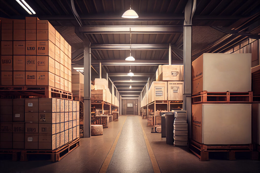A large clean warehouse with shelfs, carboard boxes and products, Generative AI