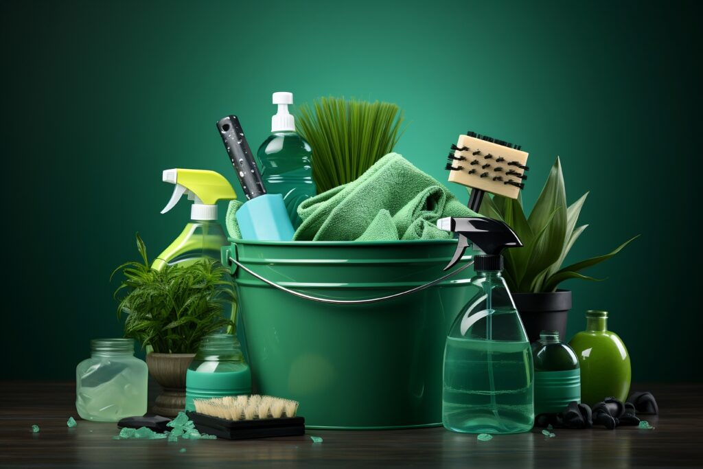 Green cleaning bucket with cleaning products on a white background