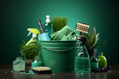 Green cleaning bucket with cleaning products on a white background, Generative Ai Green cleaning bucket with cleaning products on a white background