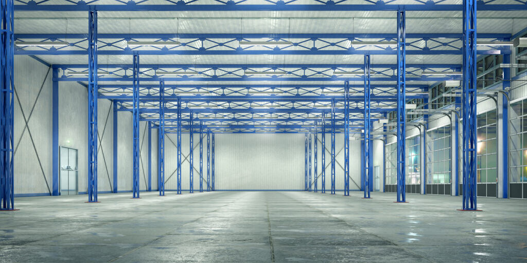 Hangar interior with glass gates. 3d illustration